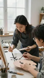 Art Instructor Teaching Calligraphy Techniques To In A Traditional Art Painting