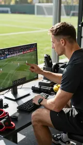 Athletic Trainer Analyzing Game Footage On In A Fitness Gym Training Area At