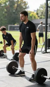 Athletic Trainer Training Athletes With Weights On A Basketball Court At