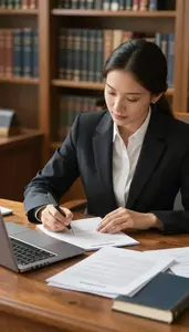 Attorney Drafting A Legal Contract In A Law Library Research Area At Work Today