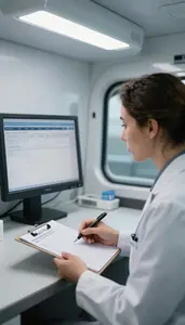 Audiologist Reviewing Blood Test Results In A Mobile Health Clinic Van At