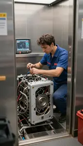 Auto Mechanic Repairing A Broken Appliance In An Elevator Shaft In Professional