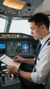 Aviation Dispatcher Reviewing Flight Plans On In An Airplane Cockpit In