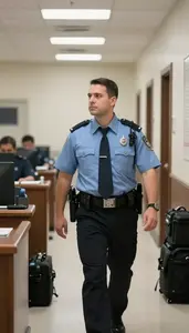Bailiff Patrolling A Correctional Facility In A Formal Courtroom At Work Today