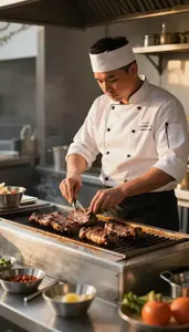 Baker Grilling Meat On A At A Restaurant Grill Station At Work Today