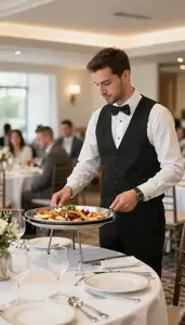 Banquet Manager Coordinating Catering For A In A Banquet Hall Being Set Up At