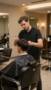 Barber Providing A Cosmetology Service In A Barber Shop Styling Chair In