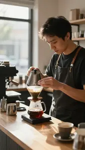 Barista Brewing Artisan Coffee Using At A Specialty Coffee Shop Counter At