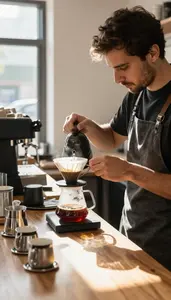 Barista Brewing Artisan Coffee Using At A Specialty Coffee Shop Counter In