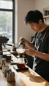 Barista Brewing Artisan Coffee Using At A Specialty Coffee Shop Counter At Work