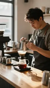 Barista Brewing Artisan Coffee Using At A Specialty Coffee Shop Counter At Work