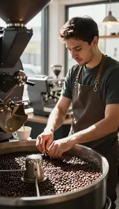 Barista Roasting Coffee Beans In In A Coffee Roasting Facility At Work Today