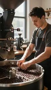 Barista Roasting Coffee Beans In In A Coffee Roasting Facility In Daily Work