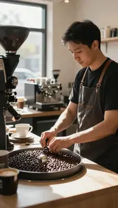 Barista Roasting Coffee Beans In At A Specialty Coffee Shop Counter In