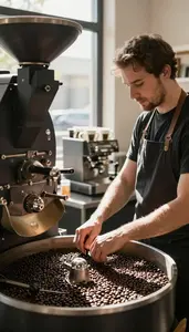 Barista Roasting Coffee Beans In In A Coffee Roasting Facility In Professional