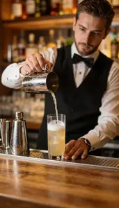 Bartender Making A Craft Cocktail At A Cocktail Bar Counter At Professional