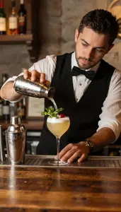 Bartender Making A Craft Cocktail In A Cocktail Bar Counter Area In Professional