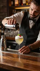 Bartender Making A Craft Cocktail In A Cocktail Bar Counter Area At Professional