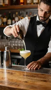 Bartender Making A Craft Cocktail At A Cocktail Bar Counter At Work Today