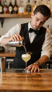 Bartender Making A Craft Cocktail In A Cocktail Bar Counter Area In Professional