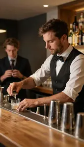 Bartender Managing Bar Operations During At A Cocktail Bar Counter At Work Today