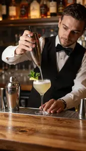 Bartender Mixing A Specialty Cocktail In A Cocktail Bar Counter Area At