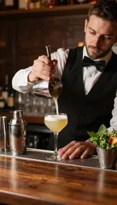 Bartender Mixing A Specialty Cocktail In A Cocktail Bar Counter Area In