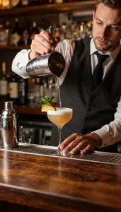 Bartender Mixing A Specialty Cocktail At A Cocktail Bar Counter At Professional