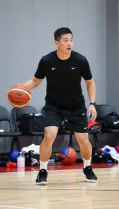 Basketball Coach Dribbling A Basketball On On A Basketball Court At Professional
