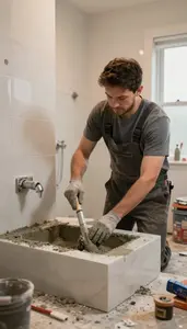 Bathroom Remodeler Mixing Concrete On A In A Bathroom Being Tiled At Workplace