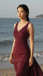 Beautiful Warm Toned Woman With Black Braided Hairstyle In Formal Dress Sunset