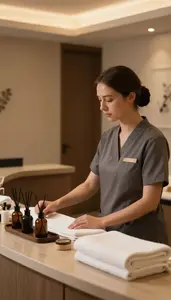Beauty Therapist Managing Spa Operations At In A Spa Treatment Room At Workplace