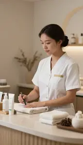 Beauty Therapist Managing Spa Operations At In A Spa Reception Area At Work