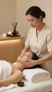 Beauty Therapist Providing A Spa Treatment In A Spa Reception Area At Work