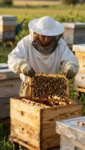 Beekeeper Inspecting Beehives In An In A Beekeeping Apiary With Wooden Hives
