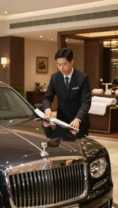 Bellhop Parking A Luxury Car In A Hotel Guest Room Being Cleaned In Professional