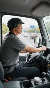 Bicycle Courier Driving A Truck On In A Delivery Van In Urban Traffic At