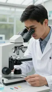 Biochemist Examining Cells Under A In A Biology Microscopy Laboratory In