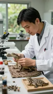 Biologist Examining Reptile Specimens In In A Bird Research Observation Station