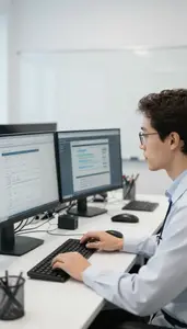 Biostatistician Calculating Financial Risk Models Analysis Office With Multiple