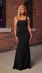 Black A Line Cocktail Gown Glamour African Woman With Blonde Straight Hair At
