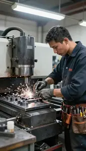 Blacksmith Cutting Metal Parts On In A Cnc Machining Workshop In Professional