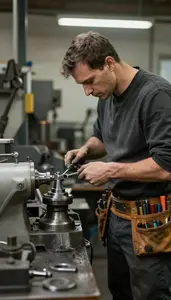 Blacksmith Operating A Lathe To In A Tool And Die Manufacturing Shop At