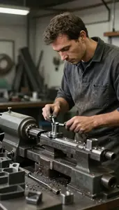 Blacksmith Operating A Lathe To In A Tool And Die Manufacturing Shop At Work