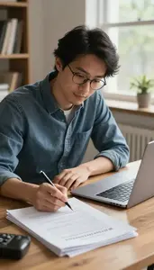 Blogger Writing A Screenplay At In A Writers Home Office Desk In Professional