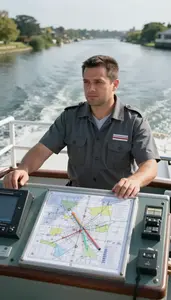 Boat Captain Navigating A Boat Through On A Ferry Deck Crossing Water At Work