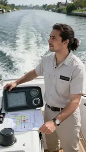 Boat Captain Navigating A Boat Through On A Yacht Deck On Open Water At