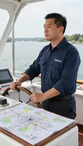 Boat Captain Steering A Ferry Across On A Sailing Boat Deck In Professional