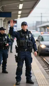 Bodyguard Directing Traffic At An At A Transit Rail Station Platform At Work