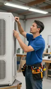 Boilermaker Installing A New Hvac In A Workshop Garage At Workplace